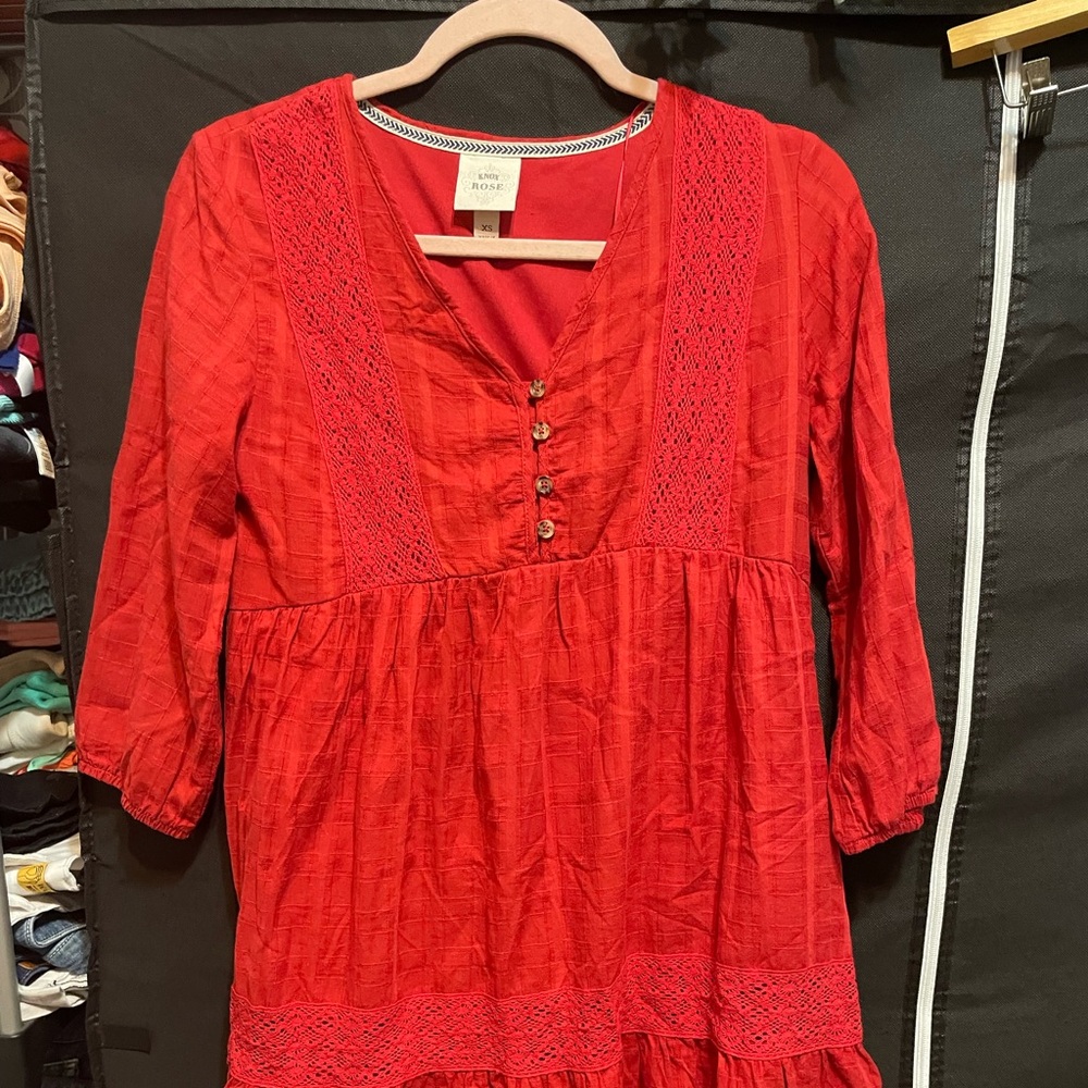 Knox Rose Red Buttoned Tunic with Relaxed Tiered Style